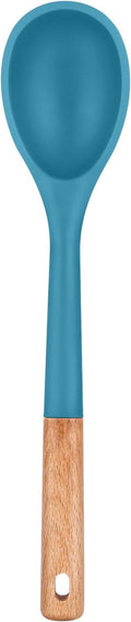 Large Silicone Cooking Spoons, Nonstick Solid Wooden Handle Spoon, Heat Resistan Silicone Kitchen Spoons for Cooking, Serving, Basting, Mixing, 13.2inch (BLUE)