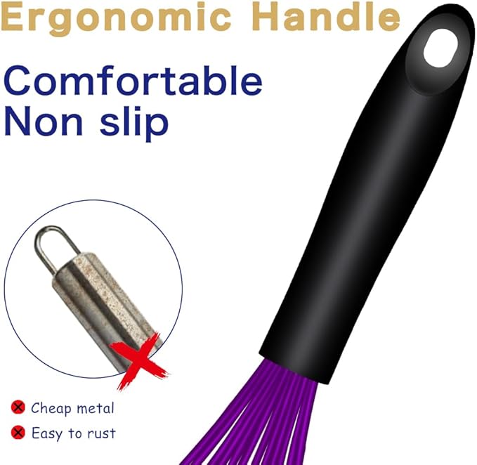 Dishwasher Safe Purple Silicone Whisk, Sealed Waterproof Design Set of 3, Professional Kitchen Whisks for Cooking Non-Scratch, Silicone & Stainless Steel Whisk, Heat Resistant Balloon Egg Beater