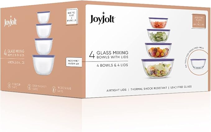 JoyJolt Kitchen Mixing Bowls - 8pc Glass Bowls with Lids Set Neat Nesting - Large Mixing Bowl Set, Batter Bowl, Salad Bowl with BPA-Free Lid