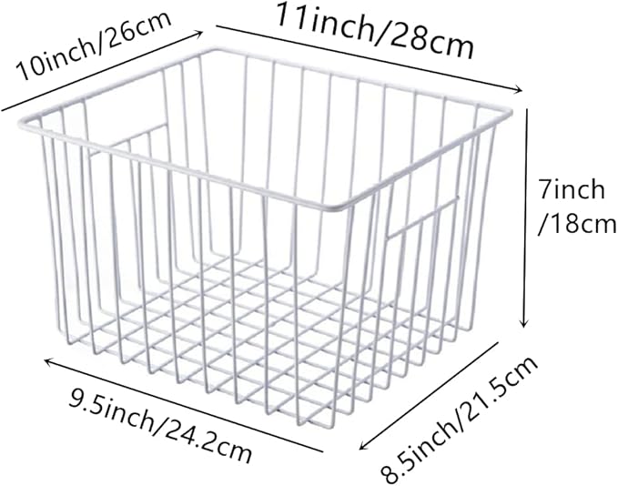 Slideep 11'' Farmhouse Freezer Food Storage Organizer Baskets Modern Refrigerator Metal Wire Basket Bin with Built-in Handles for Kitchen, Pantry, Bathroom, Cabinets, White -Set of 6