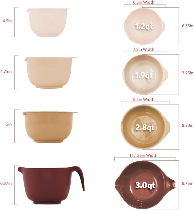 Glad Mixing Bowls with Pour Spout, Set of 4 - Nesting Plastic Bowls (1.2qt, 1.9qt, 2.8qt, and 3qt with Handle) - Non Slip Base, Dishwasher Safe Kitchen Cooking and Baking Supplies, Beige