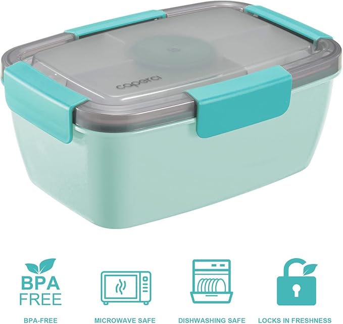 Caperci Large Salad Container Bowl for Lunch - Better Adult Bento Lunch Box 68 oz, 5-Compartment Tray, 2pcs 3-oz Sauce Cups, Stackable, BPA-Free (Aqua Sky)