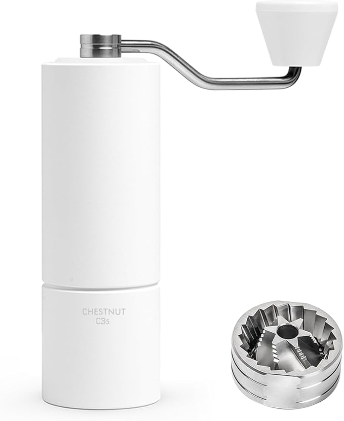 TIMEMORE Chestnut C3S Manual Coffee Grinder with CNC Stainless Steel Conical Burr Capacity 25g, Internal Adjustable Setting, Double Bearing Positioning for Travel, Camping, White