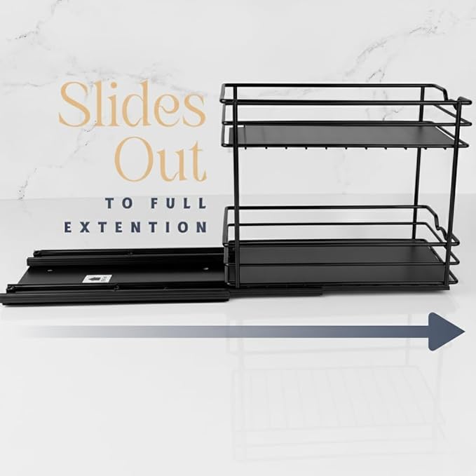Pull Out Cabinet Organizer for Spices, Cans - Heavy Duty with Lifetime Limited Warranty- Pull Out Spice Rack- Cabinet Pull Out Shelf for Cans,Dishes, Etc, 6-1/2"Wx10-3/8"Dx8-7/8"H, Black