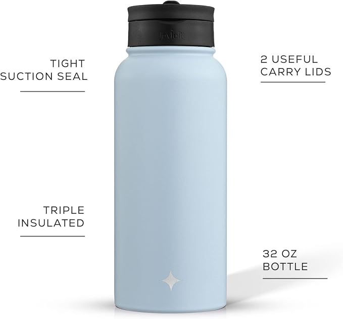JoyJolt Triple Insulated Water Bottle with Straw Lid AND Flip Lid! 32oz Large Water Bottle, 12 Hour Hot/Cold Vacuum Insulated Stainless Steel Bottle. BPA-Free Leakproof Water Bottles - Thermos Bottle
