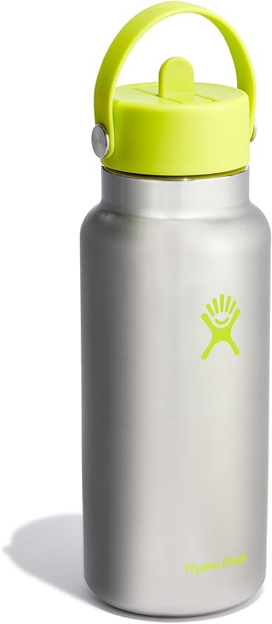 Hydro Flask Water Bottle - Insulated Stainless Steel - Wide Mouth Flex Straw Lid, Non Spill, Leakproof and Refillable in 32 Oz Stainless Steel Lime