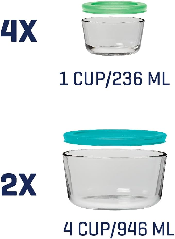 Anchor Hocking 12 Piece Glass Storage Containers with Lids (6 Glass Food Storage Containers & 6 Mixed Blue SnugFit Lids)