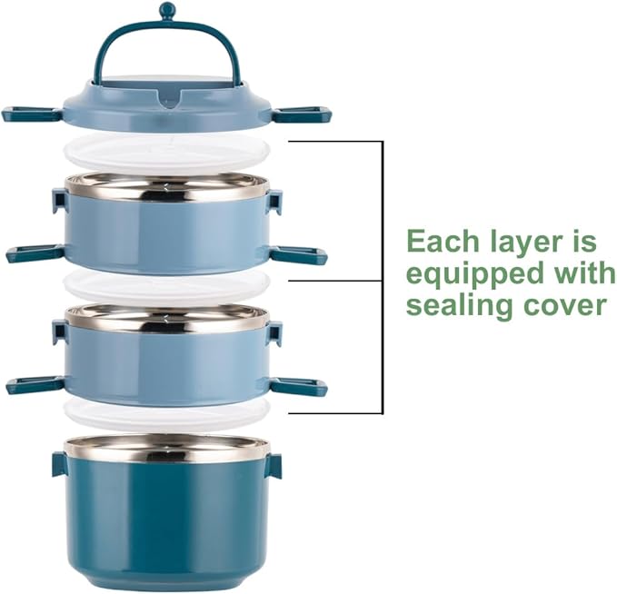 SANQIAHOME 3 Tier Stackable Stainless Steel Lunch Box Sealed(blue, 3 layers) with spoon and fork