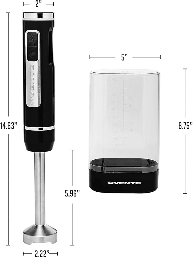 OVENTE Cordless Immersion Hand Blender, Rechargeable Handheld Portable Stick Mixer with 8 Mixing Speed Option, One-Touch Control and Stainless Steel Blades for Smoothies, Shakes or Soups, Black HR781B