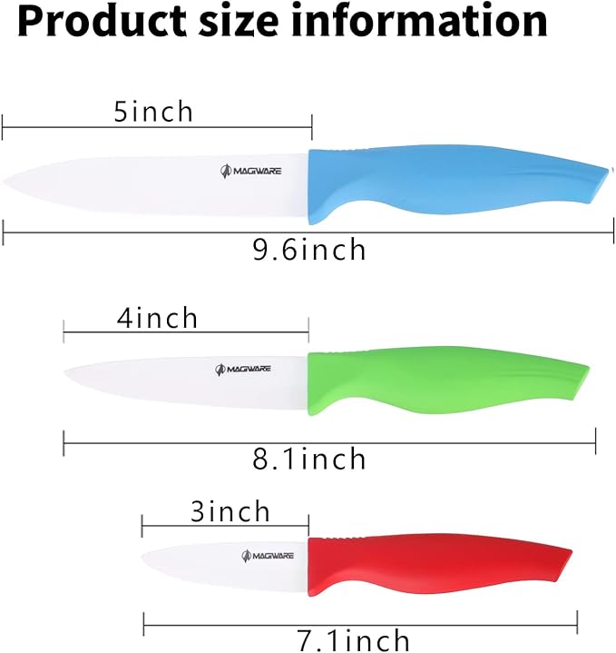6-Piece Ceramic Paring Knife Set with Sheaths - Sharp and Healthy (5in Utility, 4in Fruit, 3in Paring Knife) - Red