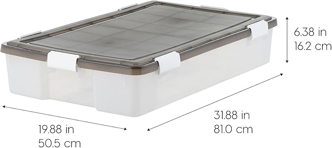 IRIS USA WeatherPro Underbed 47 Qt Storage Bins with Lids, 1 Pack, BPA-Free Plastic Gasket Box with Tight Latch and Seal, Stackable Nestable Underbed Tote Tub - Gray/Clear