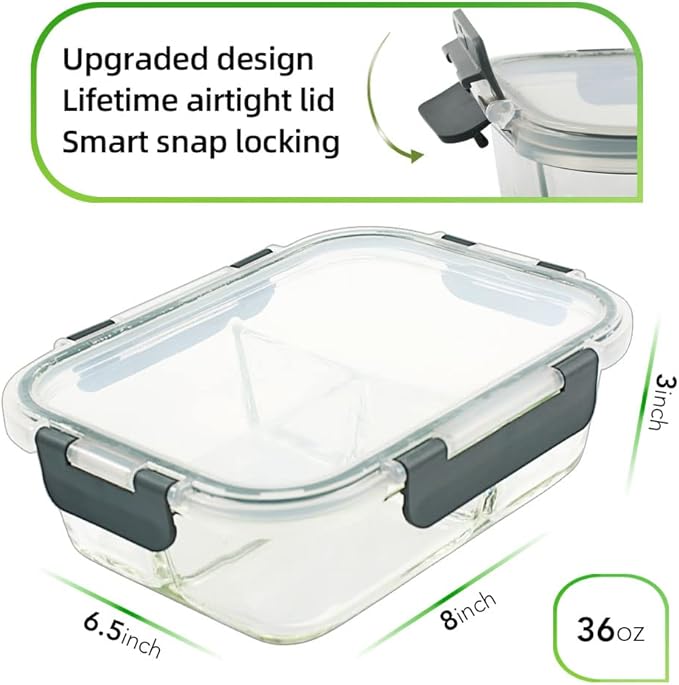 DAS TRUST 5 Pack 36oz Bento Box Glass Meal Prep Container 3 Compartment Glass Food Storage Containers with Lids Meal Prep Bowls Lunch Box Lunch Container for Oven