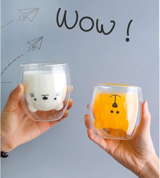 Cute Mugs Double Wall Glass Coffee Glass Cup Kawaii Bear Tea Milk Cup Funny Mug Animal Mug Aesthetic Cup for Office and Personal Birthday Gift (Happy bear)