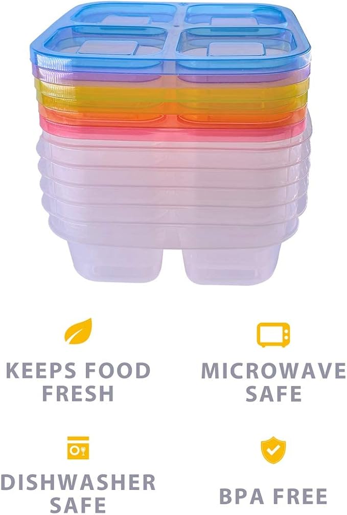 Finorder 6 Pack 4-Compartment Food Containers, Reusable Snack Containers for Kids Adults School Work Picnic, Lunch Bento Box Meal Prep Containers (Classic Color Set)