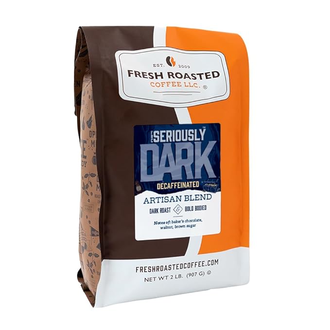 Fresh Roasted Coffee, Seriously Dark Decaf Artisan Blend, 2 lb (32 oz), Dark Roast, Kosher, Whole Bean