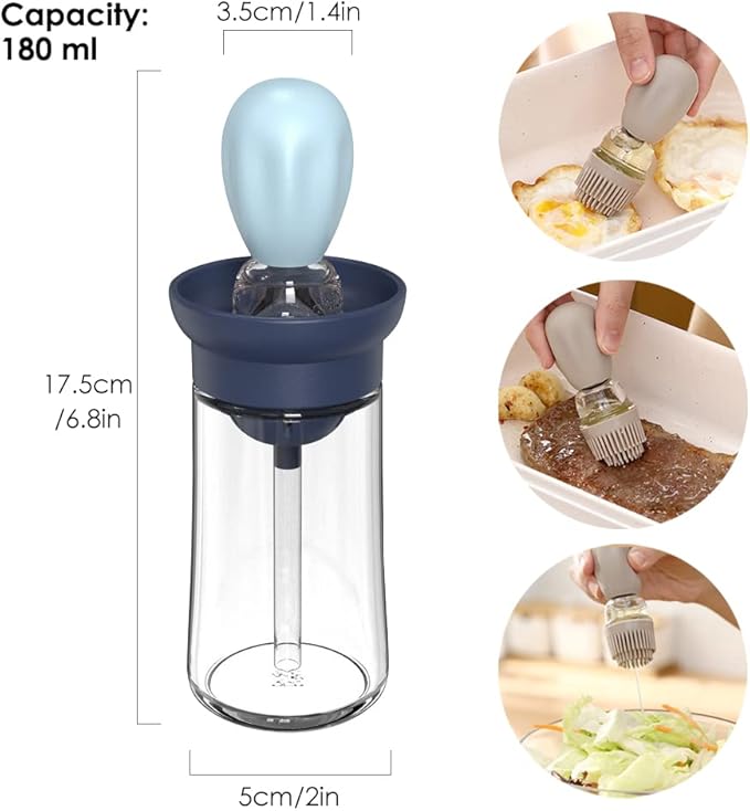 Oil Dispenser with Brush - 2 Pack Glass 2 IN 1 Olive Oil Dispensing Bottle with Basting Brush for Cooking Frying Baking Kitchen, 180ml, T-OB21 Blue+Grey
