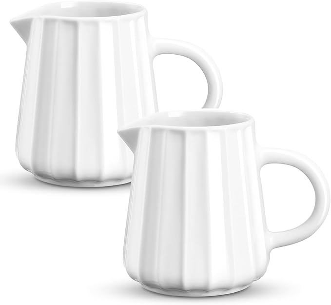 Gurygo 2 Pack 9 Oz Classic Ceramic White Creamer with Handle - Small Creamer Pitcher Set - Fine Porcelain Wave Shaped Small Milk Pitcher for Coffee Milk Sauces Salad, Microwave Safe