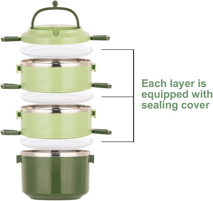 SANQIAHOME 3 Tier Stackable Stainless Steel Lunch Box Sealed(green, 3 layers) with spoon and fork
