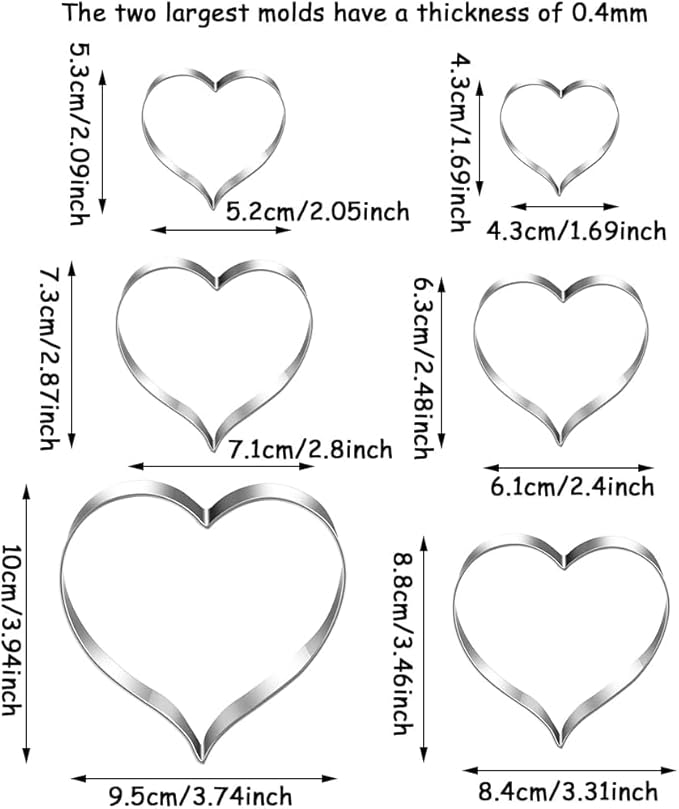 Heart Cookie Cutters Set of 6, Stainless Steel Sandwiches Cutters Biscuit Molds for Kids,Sturdy Cutters for Cookies,Sandwiches,Small to Large Size of, 1.69-3.74 inch Sizes