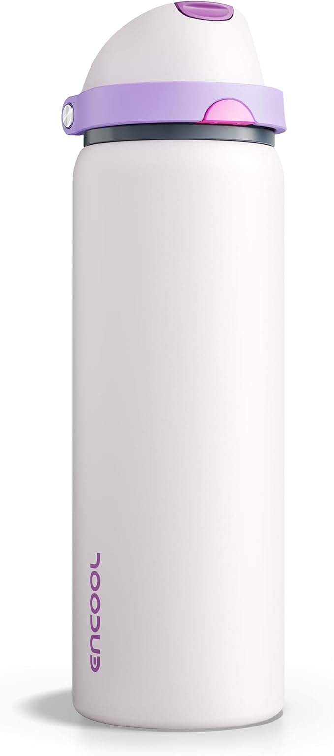 Insulated Water Bottle with Straw - Encool Stainless Steel Water Bottle with Push Button Lid, Leak-Proof & BPA-Free, Keeps Cold for 24 Hours for Sports, Travel, Gym (32 oz, Oyster Pink)