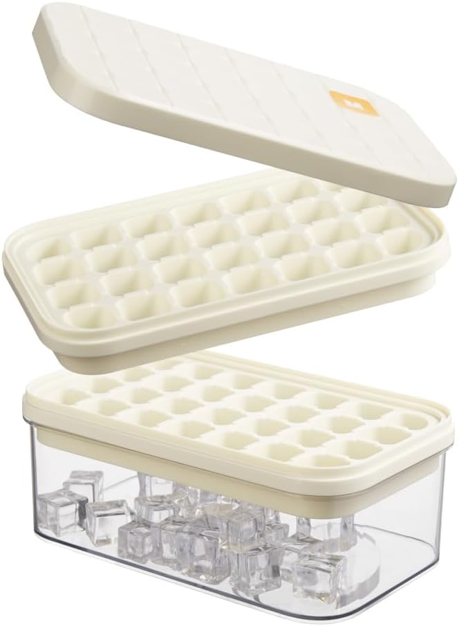 Brigii Ice Cube Tray with Lid&Bin, Ice Cube Mold with 56 Cubes, Stackable Ice Trays for Freezer with Easy-Release Silicone Bottom, for Drinks, Coffee, cocktail