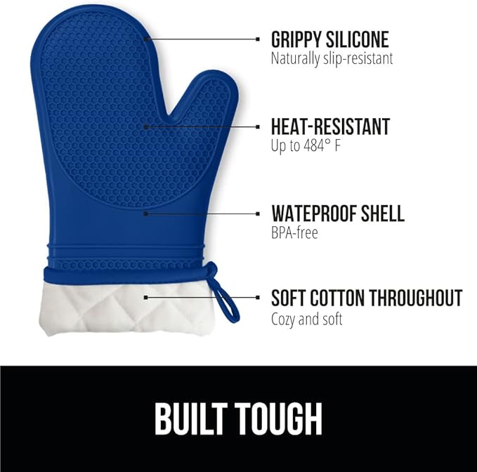 GORILLA GRIP BPA-Free Soft Silicone Oven Mitts, 14.5x8.3, Heat Resistant and Waterproof Cooking Gloves, Thick Cotton Lining, Flexible Gripping for Baking Grilling, Kitchen Potholders Set of 2, Blue