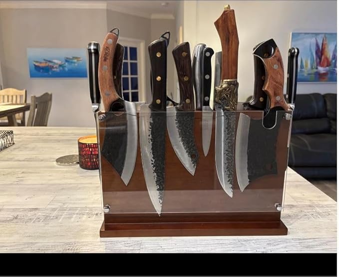 Magnetic Knife Holder Stand 14 x 10 Inches Extra Large Size with Knife Sharpener Wooden Double Sided Magnetic Knife Block Rack for Kitchen Counter with Cutting Board Slot & Acrylic, Sturdy & Durable