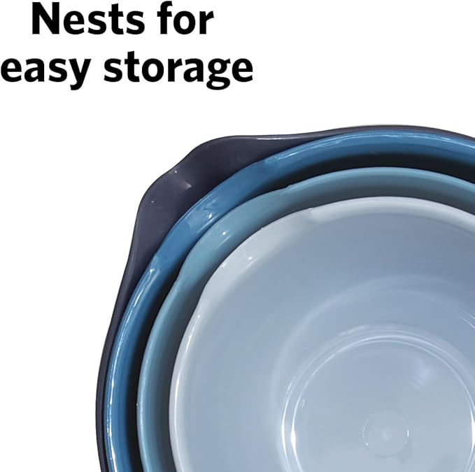 Glad Mixing Bowls with Pour Spout, Set of 4 - Nesting Plastic Bowls (1.2qt, 1.9qt, 2.8qt, and 3qt with Handle) - Non Slip Base, Dishwasher Safe Kitchen Cooking and Baking Supplies, Blue