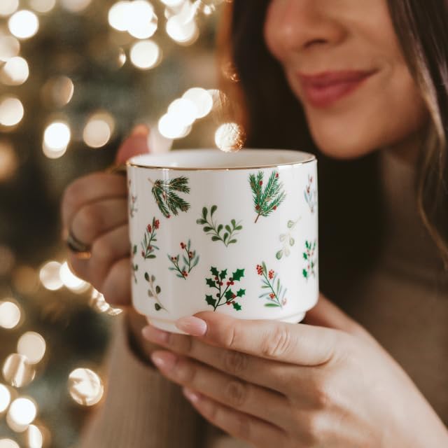 Sweet Water Decor Holiday Greenery Coffee Mug, 14oz China Christmas Mug with Gold Handle, Large Holiday Winter Cup for Coffee, Tea & Hot Chocolate, Stocking Stuffer Gifts for Women