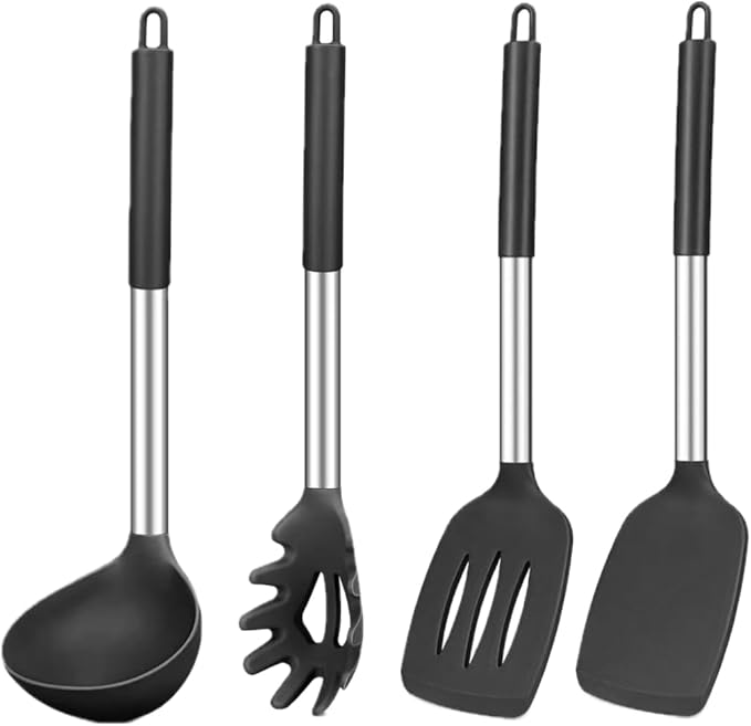Silicone Kitchen Utensils Set, 4-Piece Non-Stick Cooking Tools, Large Spatulas with Pasta Fork and Ladle, Black