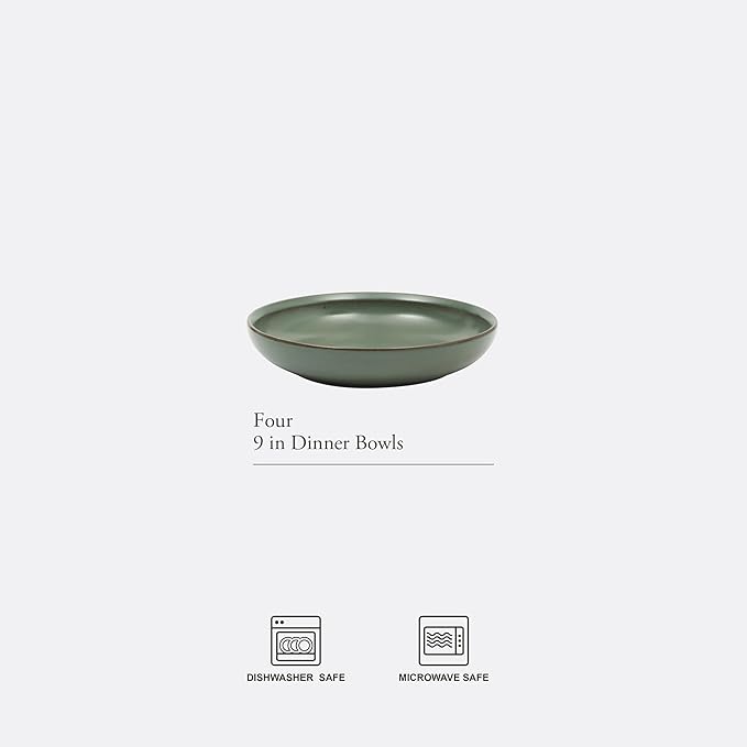 Gibson Elite Beckett 4-Piece 9 Inch Dinner Plate Bowl Set – Reactive Glaze Stoneware – Shallow Serving Pasta Bowls (Blate) – Wide-Rim Round Shape – Microwave & Dishwasher Safe - Green
