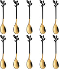 AnSaw Elegant Black & Gold Leaf Espresso Spoons - 10-Piece, 4.7" Mini Stainless Steel Coffee & Dessert Tea Spoons, Perfect for Demitasse & Small Servings