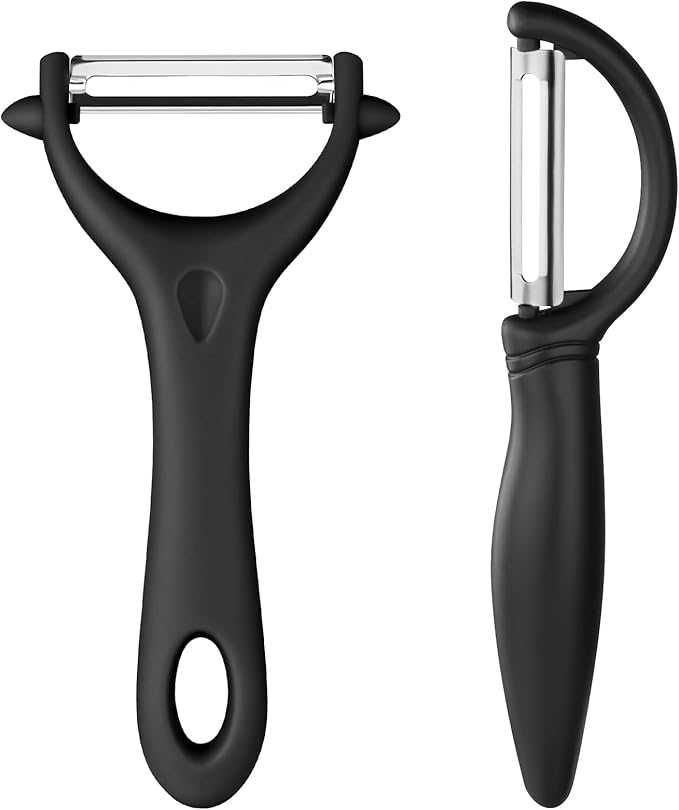 AUAUY 2PCS Potato Peeler, Y and I-Shaped Swivel Vegetable Peeler Set, Fruit Peeler for Kitchen, Non-Slip Grip Peeler, Ergonomic Handle Sharp Blade Stainless Steel Peeler（Black）