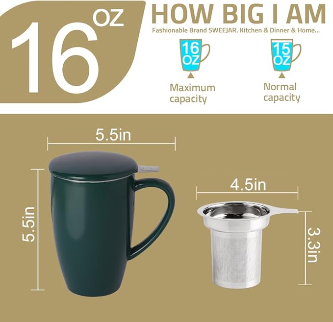 Sweejar Porcelain Tea Mug with Infuser and Lid,Teaware with Filter, Loose Leaf Tea Cup Steeper Maker, 16 Fl Oz for Tea/Coffee/Milk/Women/Office/Home/Gift (Gradient Green)