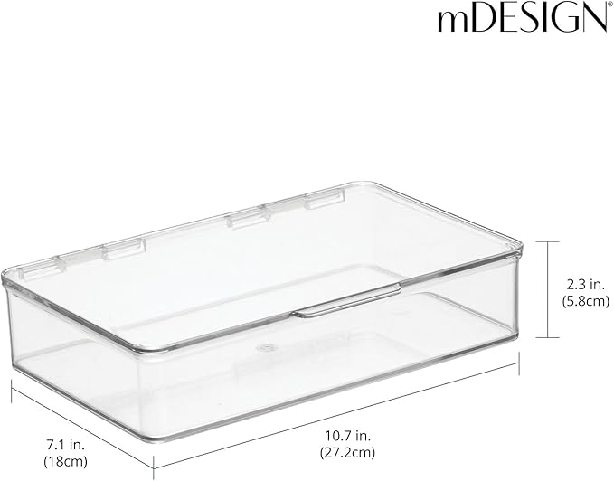 mDesign Plastic Household Stackable Storage Organizer Box Containers with Hinged Lid for Office, Bedroom, Entryway, Hallway, Garage, Playroom or Craft Room - Clear