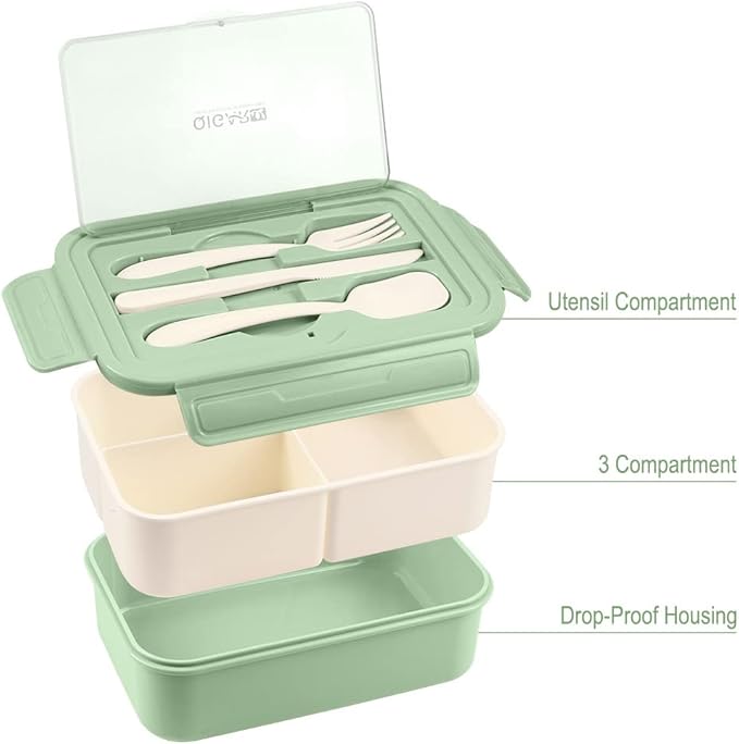 NatraProw Bento Box for Adult, 1400 ML Lunch Containers for Adults, LeakProof Lunch Box with Utensils, BPA Free, 3 Compartment Bento Box Microwave Safe, Light Green