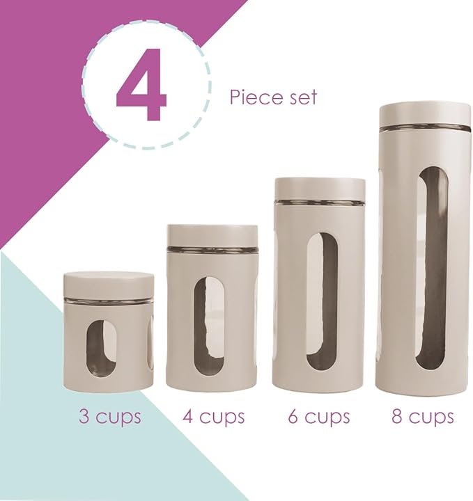 Home Basics Retro Kitchen Canisters For Countertop (4 Piece Set) Grey Glass with Metal Finish; See-Through Windows; Great For Flour, Coffee, Sugar, Dry Ingredients, Snacks