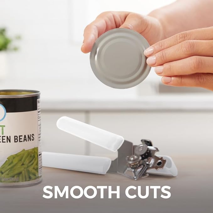 Kitchen Genie Heavy Duty Stainless Steel Manual Can Opener, Sharp Blade for Smooth Edge Cuts, Open Cans Easily, Slip-Resistant Ergonomic Handle, Easy to Turn Hand Knob, Built-In Bottle Openers, White