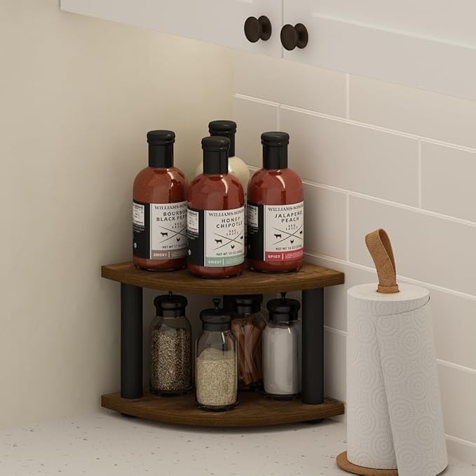 Furinno Turn-N-Tube Kitchen Countertop Organizer, 2-Tier Corner Countertop Organizer Shelf, Corner Shelf, for Kitchen, Pantry, Organizers and Storage, Amber Pine