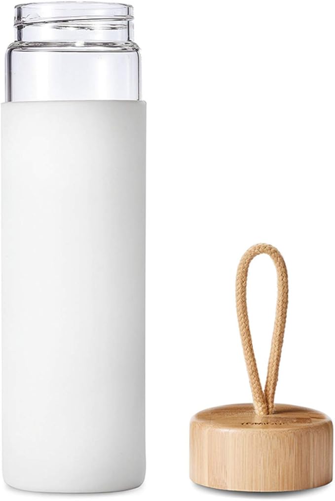 20 Oz Borosilicate Glass Water Bottles with Silicone Sleeve BPA Free, Dishwasher Safe - Reusable Clear Glass Drinking with Leak Proof Bamboo Lid | Perfect Gym Water Bottles for Men & Women