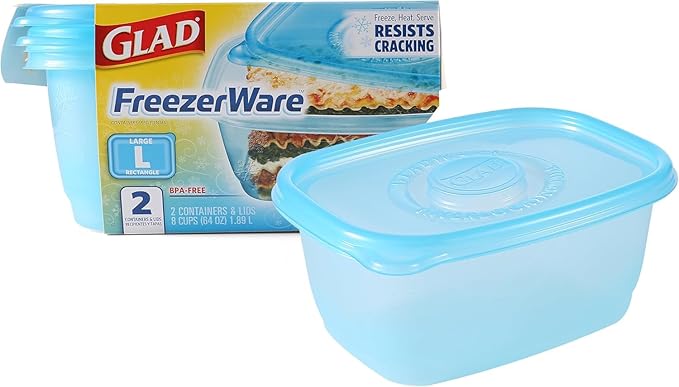 Glad GladWare Freezerware Food Storage Containers - Large Rectangle - Meal Container Holds up to 64 Ounces of Food - Lock Tight Seal, 2 Count
