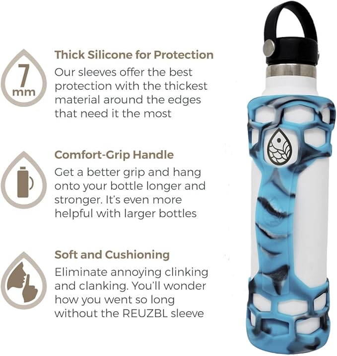 REUZBL Silicone Boot Sleeve Protector with Handle – Compatible with Hydro Flask 40oz, 32oz, 24oz, 21oz – Protective Bottle Bumper for Stainless Steel Water Bottles