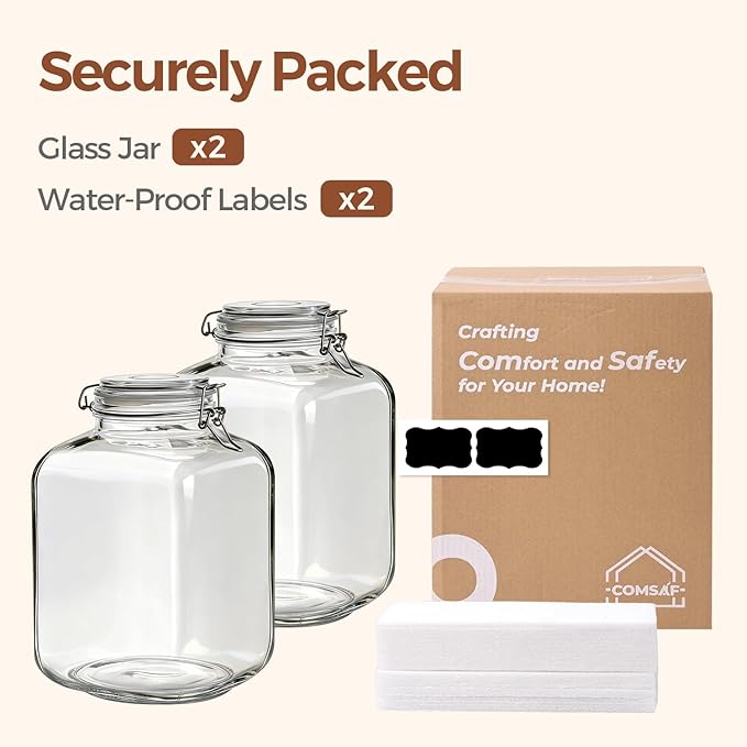 ComSaf Rice Container 152oz, Flour Sugar Storage Containers, Glass Jars with Airtight Lid, 1.17 Gallon Mason Jar, Large Storage Containers with Lids for Pickled Egg, Pasta, Cereal, Beans, Set of 2