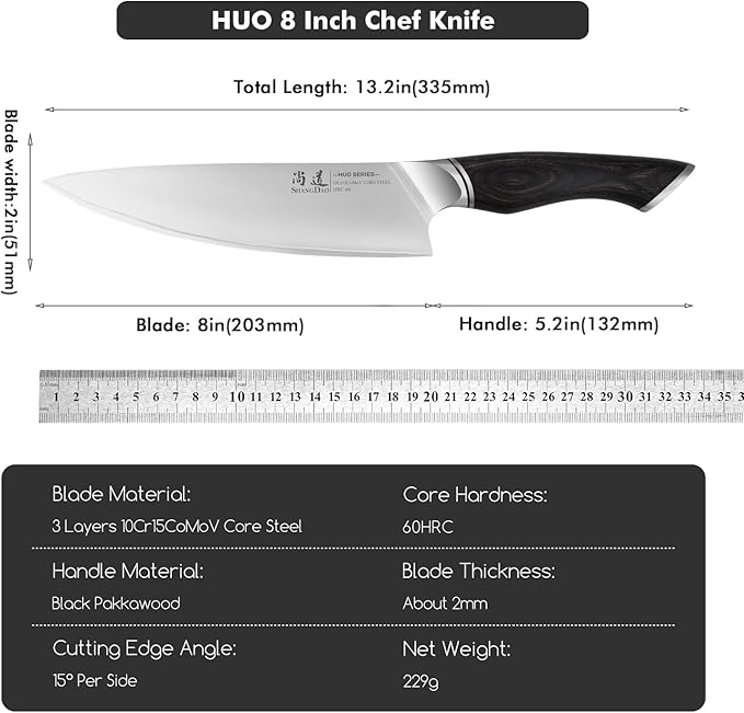 SHANGDAO Chef Knife 8 Inch, Professional Japanese Kitchen Knife – 3 Layers VG10 Alloy Steel, Pakkawood Handle, Gift Box - HUO Series