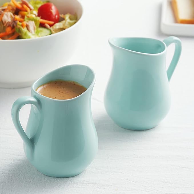 Gurygo 4 Ounce (Set/2) Creamer Pitcher with Handle, Small Classic White Fine Porcelain Creamer Container, Small Ceramic Pitcher for Coffee Milk, Microwave & Freezer Safe (Turquoise)