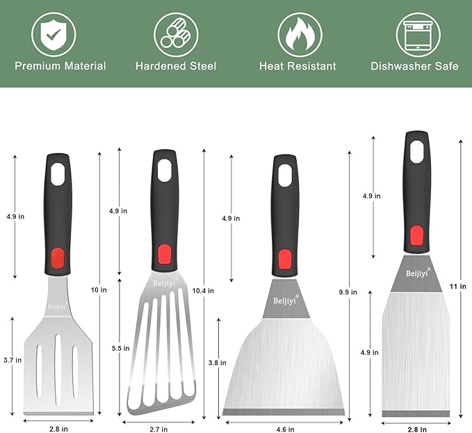 Beijiyi Stainless Steel Spatula Set, 4 Pack Small Metal Turner Spatulas for Kitchen Use, Cooking Utensils with Silicone Handle, Flipper Spatula for Fish, Egg, Smash Burger and Cookie Serving