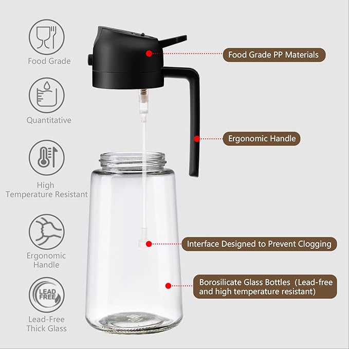 2PCS Oil Sprayer for Cooking, 470ml 2 In 1 Sprayr & Pour, Glass Olive Oil Dispenser Pourer for Kitchen, Air Fryer, Cooking, Salad, BBQ (Black,Black)