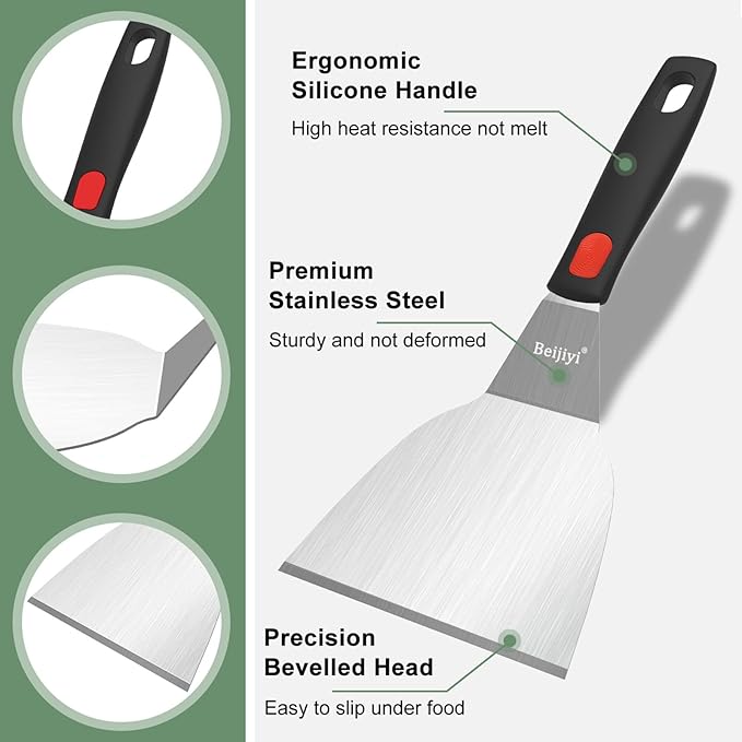 Beijiyi Stainless Steel Spatula Set, 4 Pack Small Metal Turner Spatulas for Kitchen Use, Cooking Utensils with Silicone Handle, Flipper Spatula for Fish, Egg, Smash Burger and Cookie Serving