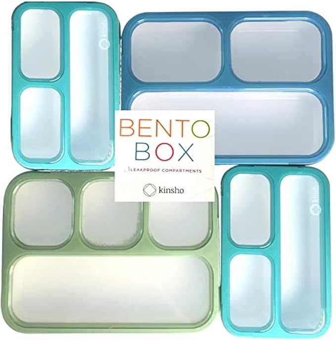kinsho Bento-Box Lunch and Snack Boxes. Family Pack of 4 Meal Planning Portion Containers For Kids, Women, Adults. BPA Free. Utensils, Blue & Green Set (2 large + 2 Mini)