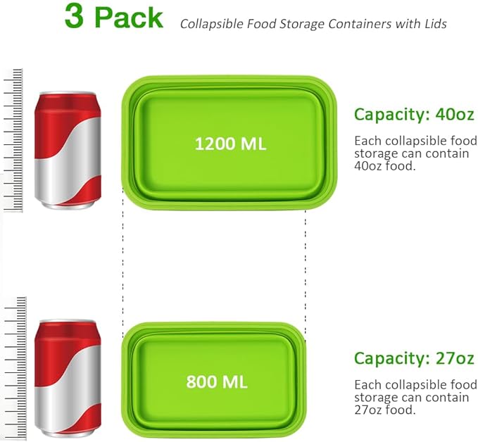 Alimat PluS 40.5oz Collapsible Food Storage Containers with Lids, 3 Pack Set 1200ml Silicone Food Storage Containers, Green Collapsible Food Storage for Kitchen and Outdoor Activities